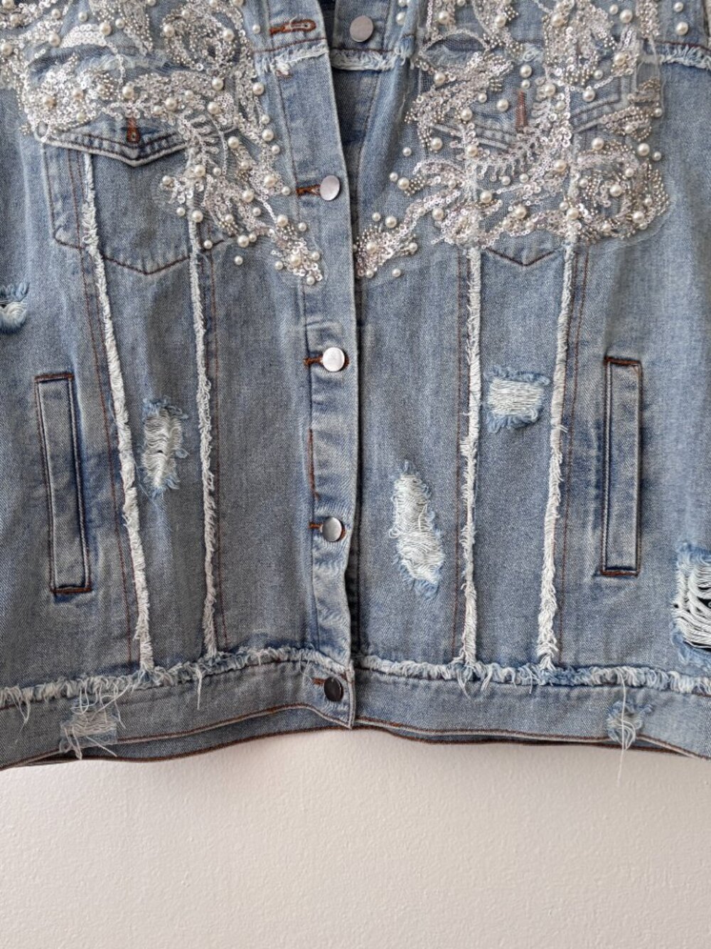 POL Sequin & Pearl Embellished Distressed Denim Trucker Vest - Picture 8 of 11